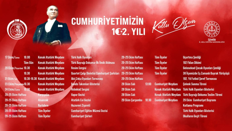 Cumhuriyetimizin 102. yıl dönümü, İzmir’de 17–29 Ekim 2025 tarihlerinde kutlanacak
